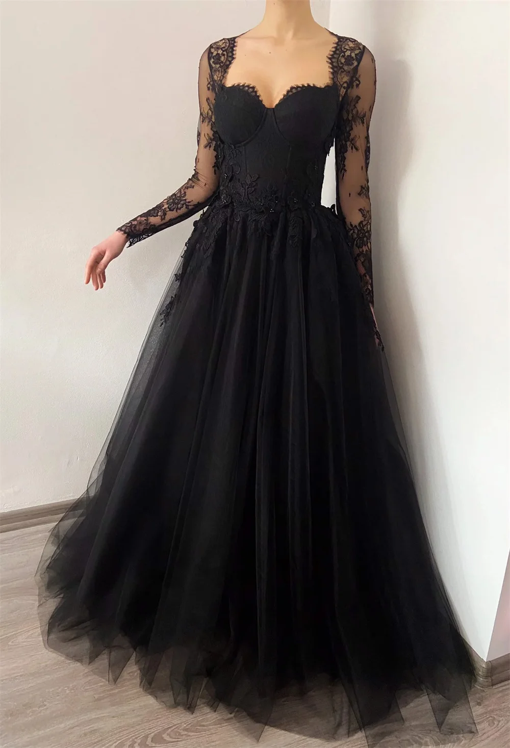 Annie Black Prom Dresses Luxurious Lace Embroidery Evening Dress Vestidos Fe Fiesta Tulle Gothic Wedding Frmal Party Dresses