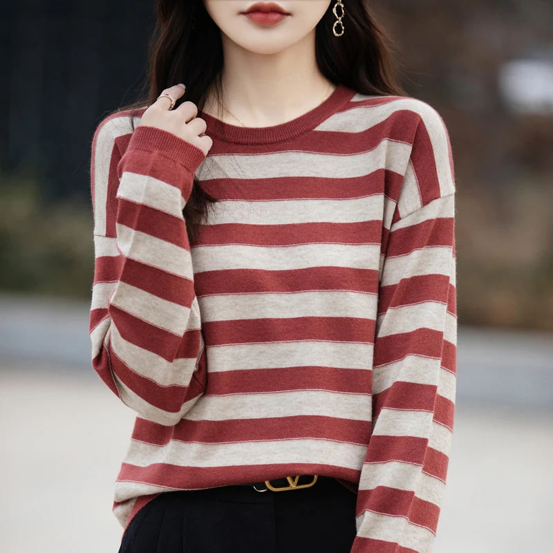 

Spring And Autumn Women's Striped Color-Blocked Round-Neck Pullover, Korean-Style Pure Cotton Knitted Sweater-SMY261