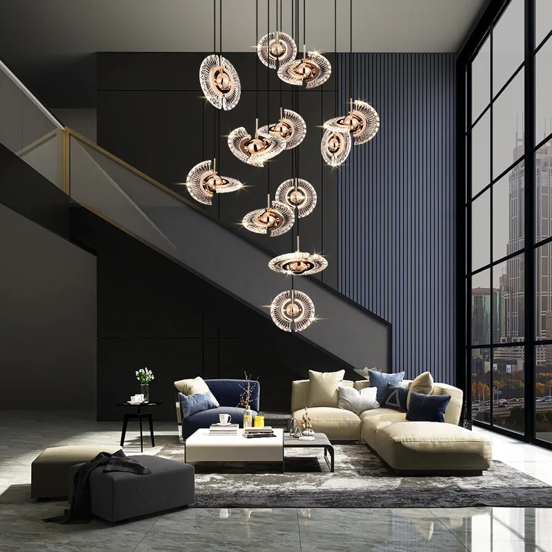 

Modern Villa Rotating Staircase Long Chandelier Lighting Simple Dining Room Bedroom LED Pendant Lamp Duplex Building Chandeliers