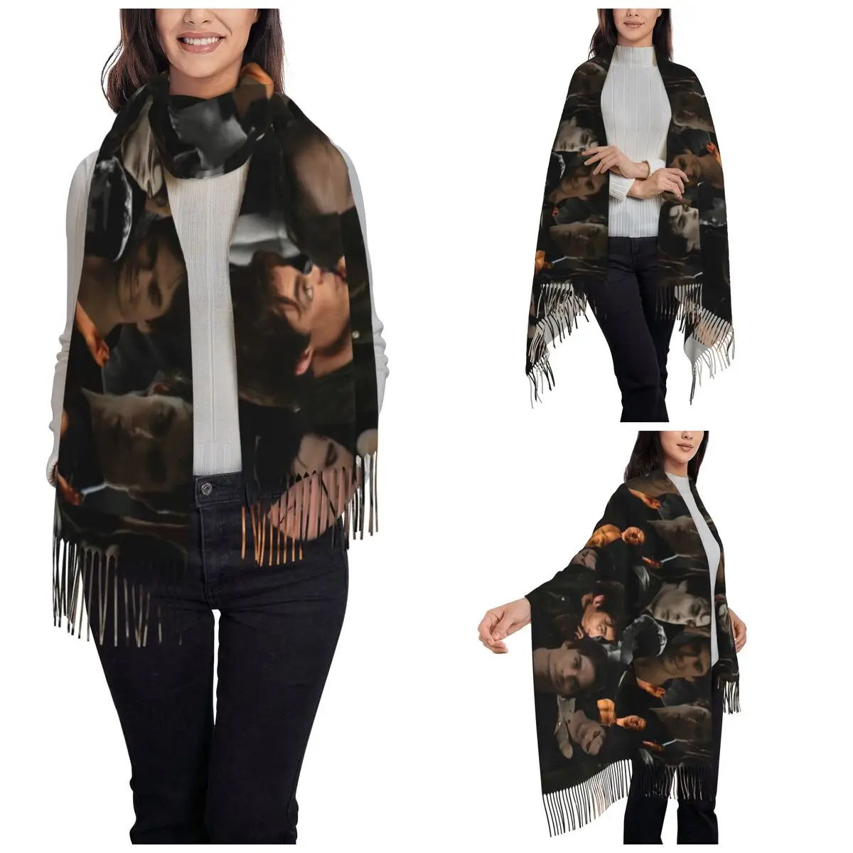 Womens Scarf with Tassel The Vampire Diaries Damon Salvatore Large Winter Warm Shawl Wrap TV Series Daily Wear Pashmina Scarves