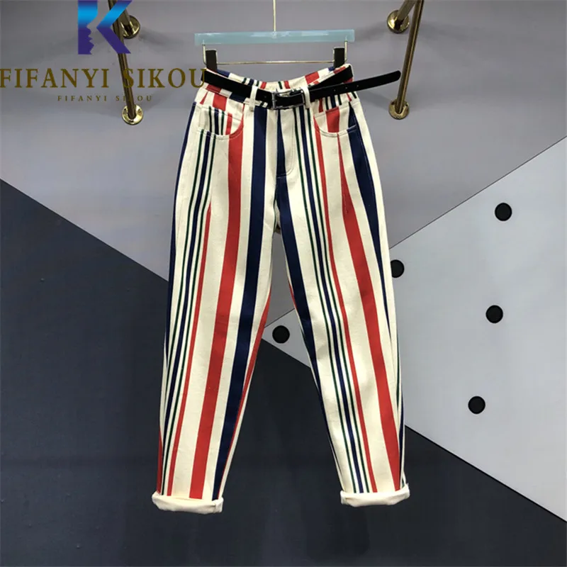 

Stripe Print Jeans Women 2023 Spring Summer Casual Fashion High Waist Jeans Pencil Pants Female Pocket Loose Denim Harem Pants