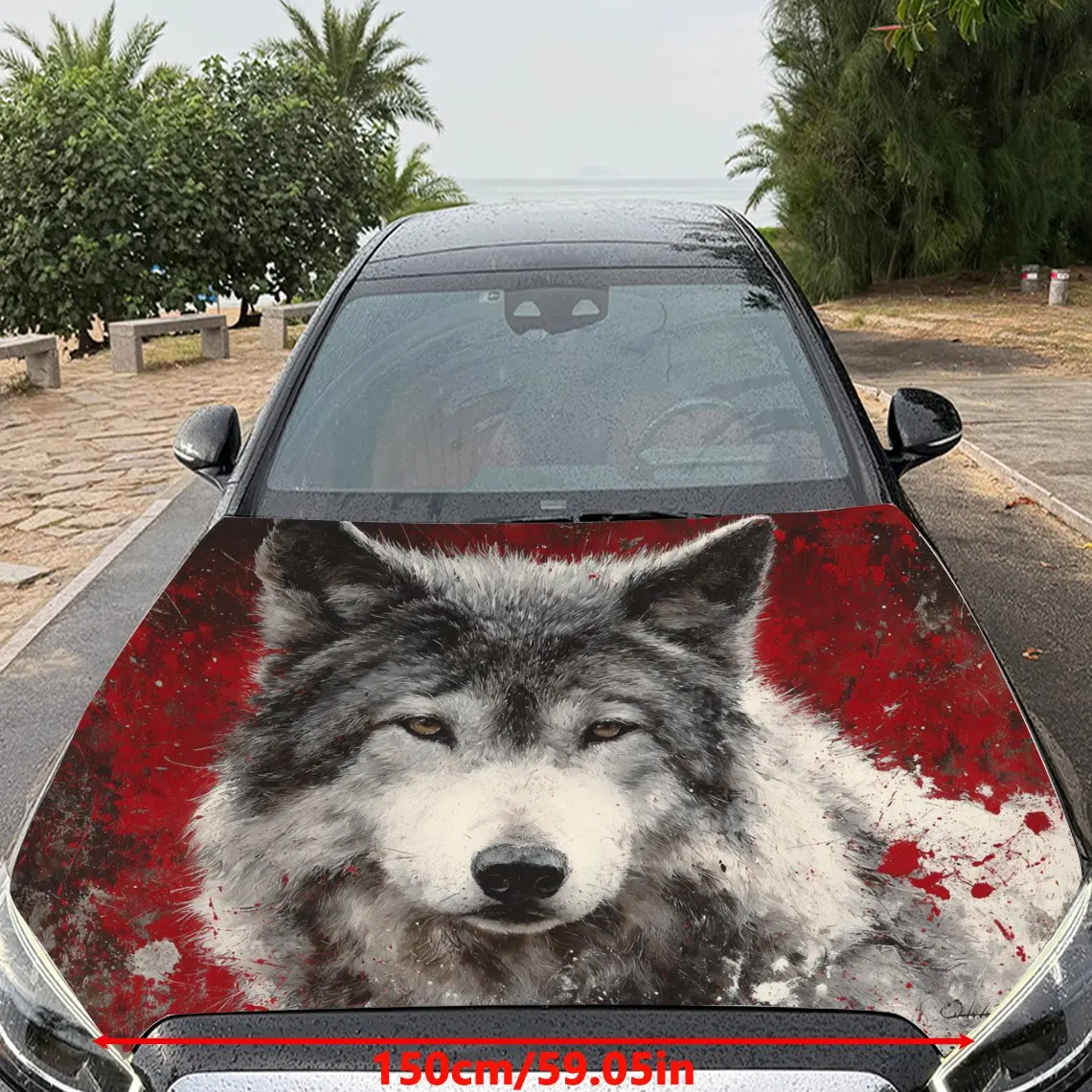 Car Decals Wolf With A Calm Expression, Set Against A Red - And - White Backdrop Car Hood Sticker, Waterproof Self - Adhesive Vi