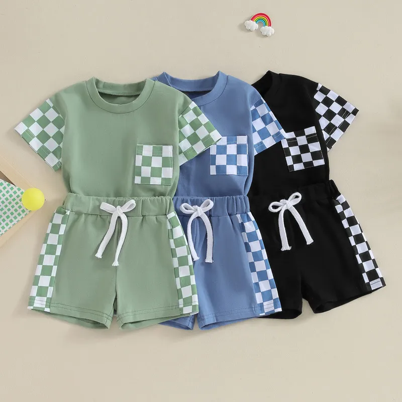 

Toddler Baby Boy Shorts Sets Summer Clothes Checkerboard Print Pocket Short Sleeve T-Shirt with Elastic Waist Shorts 2Pcs Outfit