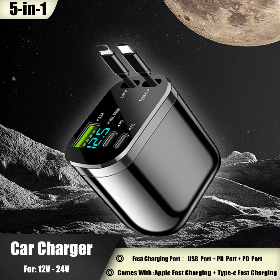 New Cigarette Lighter Car Charger Folding Dual Retractable Cable Apple Android Car Charger Quick Charger 12V-24V Car Universal