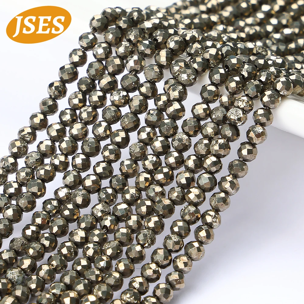 Natural 2/3mm Pyrite Faceted Round Stone Loose Beads Shinny For Jewelry Making DIY Bracelets Necklace Spacer Beads Wholesale