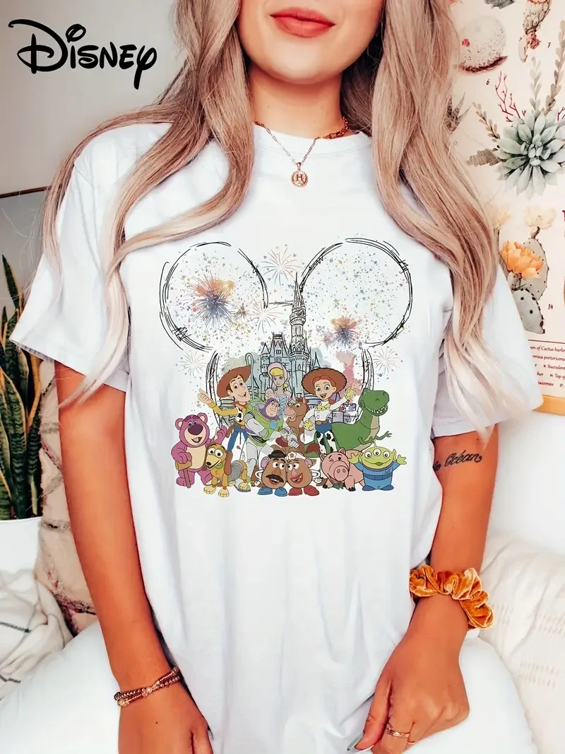 

2025 Disney Pattern Printed Women's Casual Comfortable Unique Smiling Face Black Round Neck Short Sleeve T-shirt