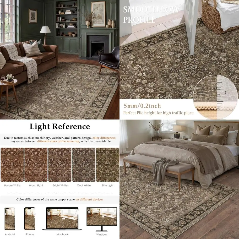 

Large 8x10 Brown Floral Area Rug, Washable Low Pile Carpet for Hallway, Soft Accent Rug with Aesthetic Design