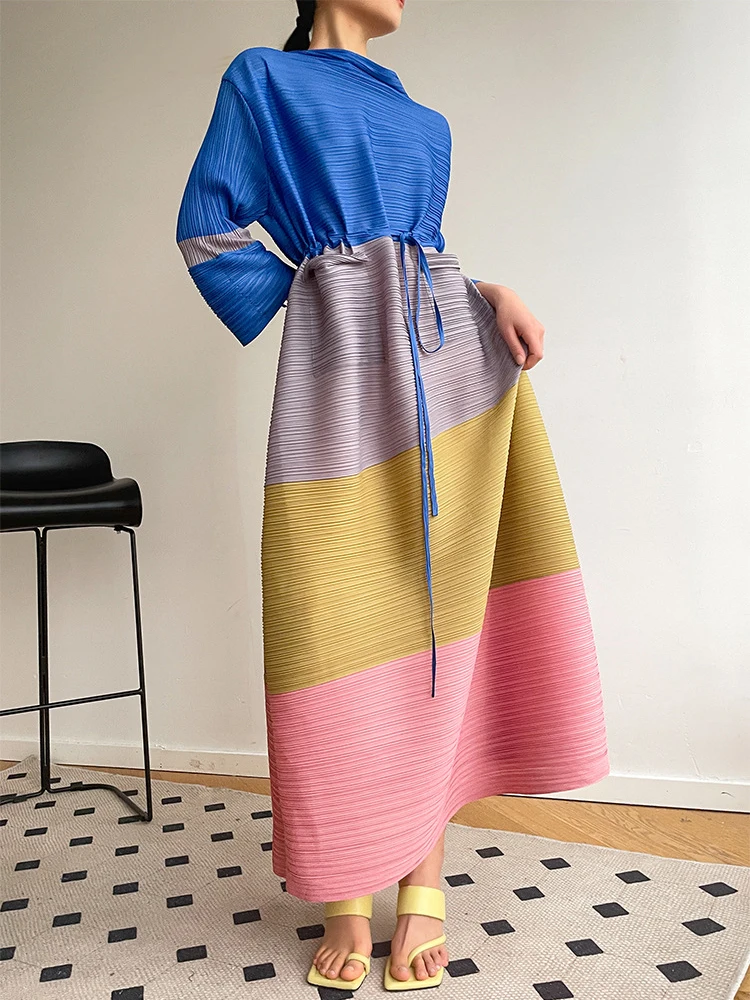 

Miyake Pleated Color-blocking Flared Sleeve Dress with Belt Women 2024 Spring Summer Fashion Loose Plus Size Sexy Long Dress