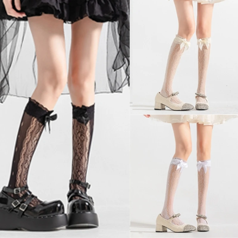 Women Florals Lace Knee Highs Socks Calf Socks Girls Ruffle Knee Highs Sexy Sheer Trouser Socks Meshes Fishnet Stockings