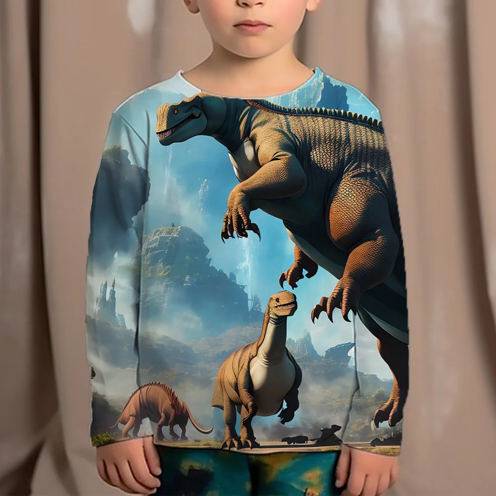 Korean Children's Clothing 2023 Kids Replica Brands 3d Print Animals Dinosaur Tops For Boys Fashion Autumn T-Shirt Full Sleeve