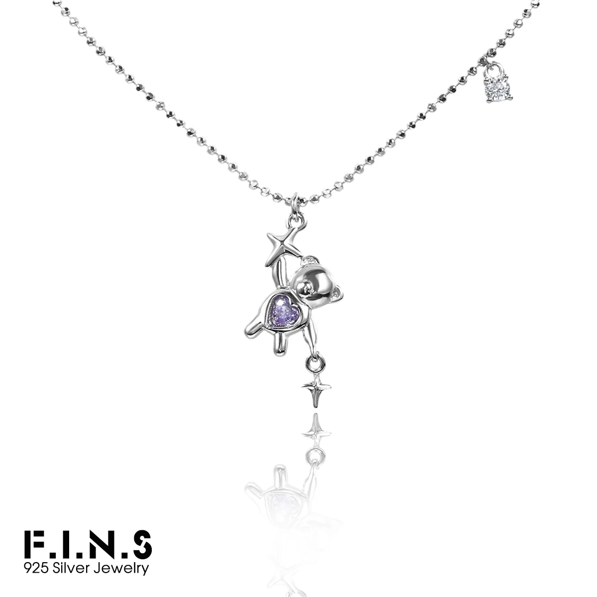 

F.I.N.S Original S925 Sterling Silver Purple Zircon Heart Necklace Sweet Cute Bear Pendant Bead Chain Clavicle Fine Jewelry