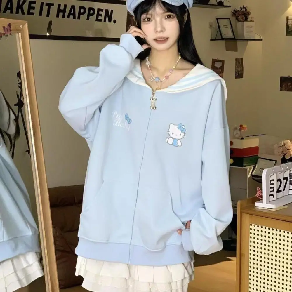 Kawaii مرحبا كيتي الفتيات سستة البلوز Sanrioed أنيمي الربيع القطن لطيف البحرية طوق سترة معطف طالب فضفاض القمم الاتجاه