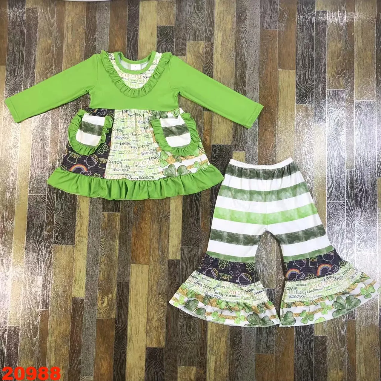 

Trumpet Long Sleeve Dress Top Plus Pants Trousers Bell-bottom Pants Girls Baby Children Clothes Autumn Outdoor Cotton