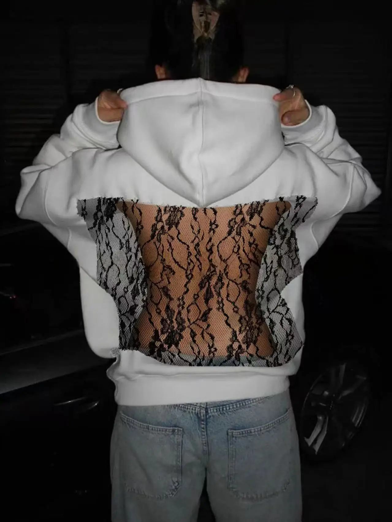 Übergroßer Hoodie für Damen, Langarm, Netzstoff-Rücken, Cut-Out-Pullover, Sweatshirt, Y2K, sexy, ausgehöhlt, lässige Streetwear-Oberteile – Detail 6