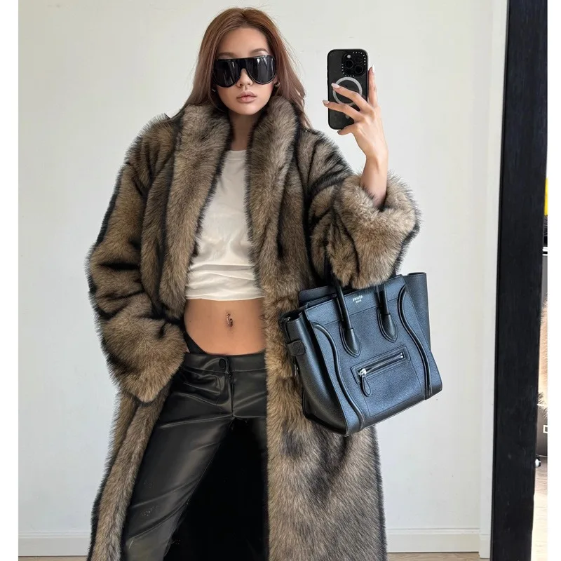 Luxury Women's Clothing Winter Long Fur Coats New Faux Wolf Fur Suit Collars Overcoats Windproof Warm Loose Windbreakers