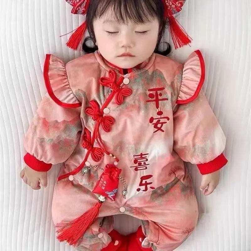 2024NEW Chinese Style Jumpsuit For Girls Tang Suit Hanfu Red Chinese Traditional New Year Outfit Flower Romper Birthday Gift