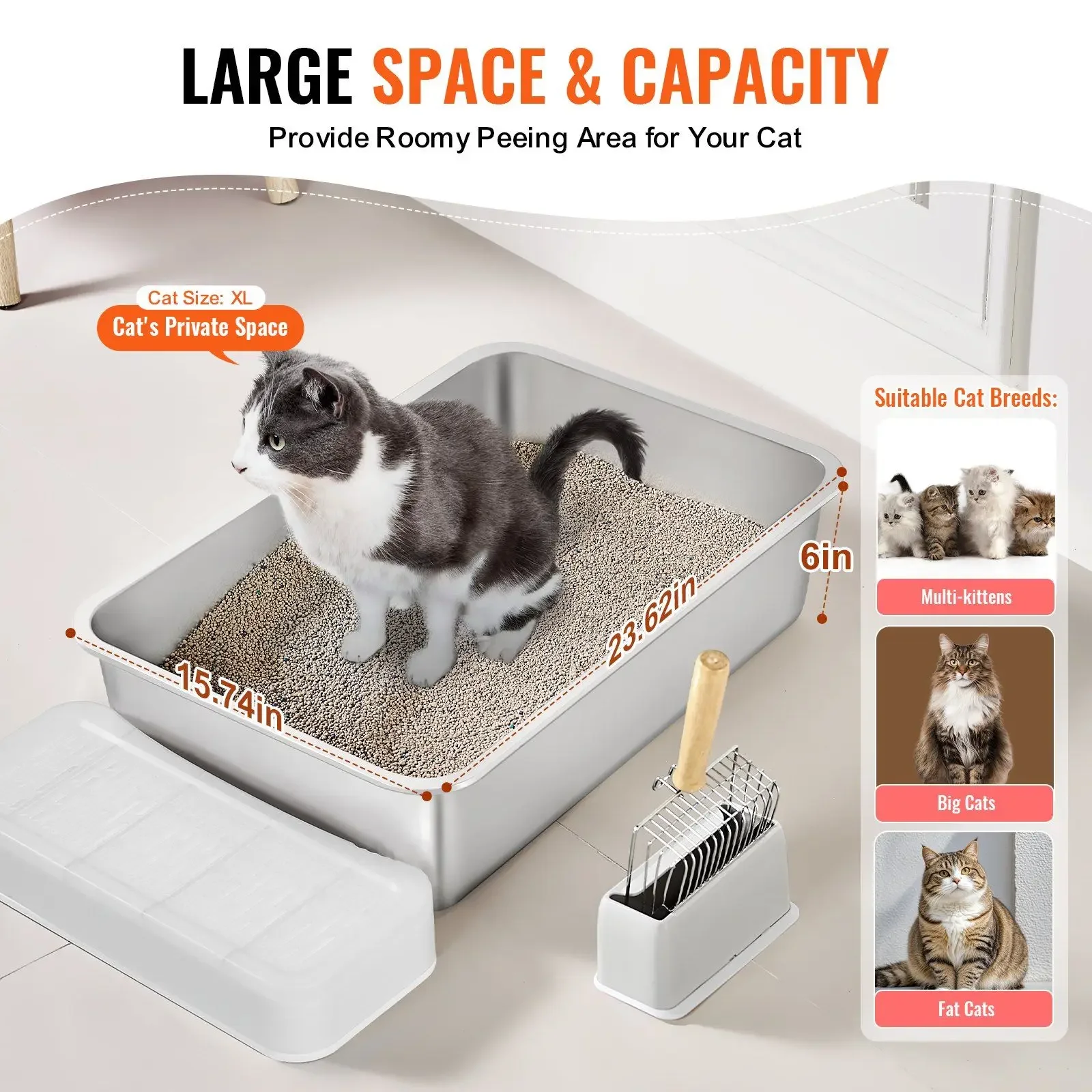 Mehrfach-Katzentoilette aus Edelstahl – 2er-Pack XL-Tabletts, hohe Wände und Fußteil, geruchsdicht und leicht zu reinigen, rutschfestes Design für große Katzen