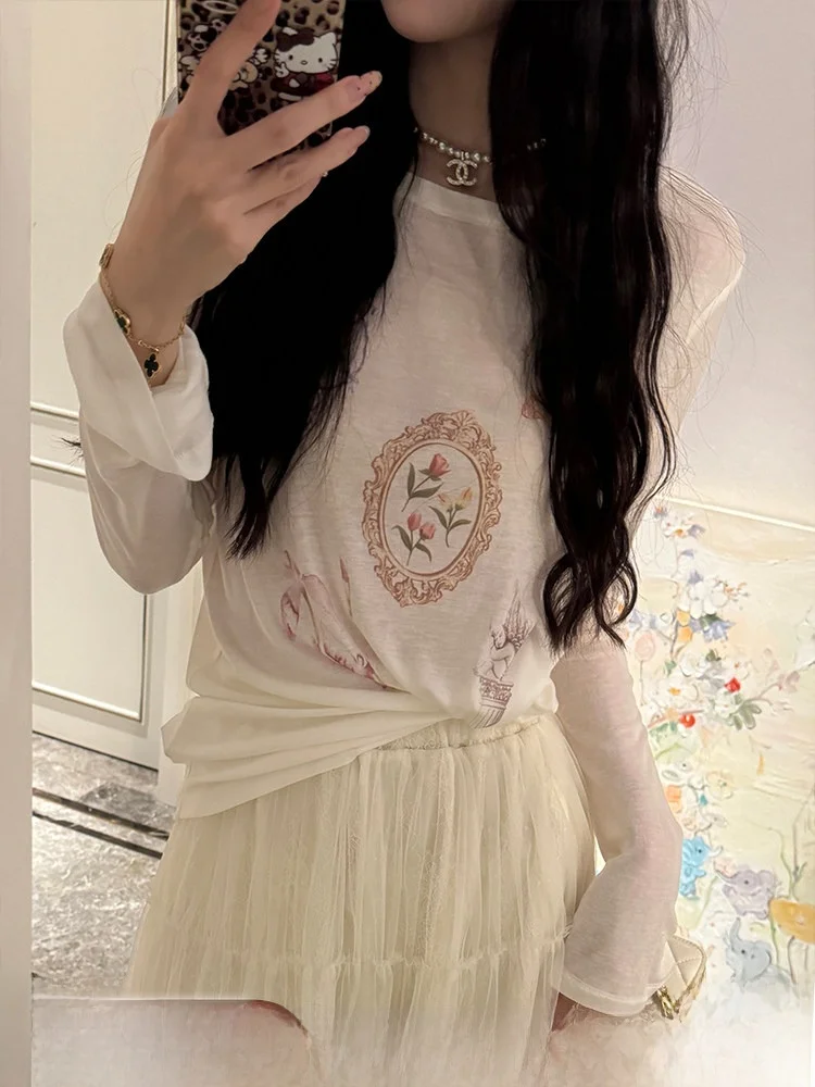 

Alice Notebook White Long Sve Printed Base T-irt Women's Versatile Autumn New Sle Loose Fit round Ne Breathable Thin...