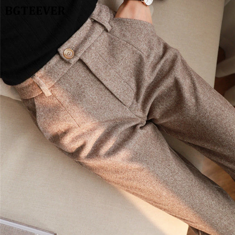 BGTEEVER Casual High Waist Button Female Harem Pants Autumn Winter Warm Pockets Woolen Pants for Women