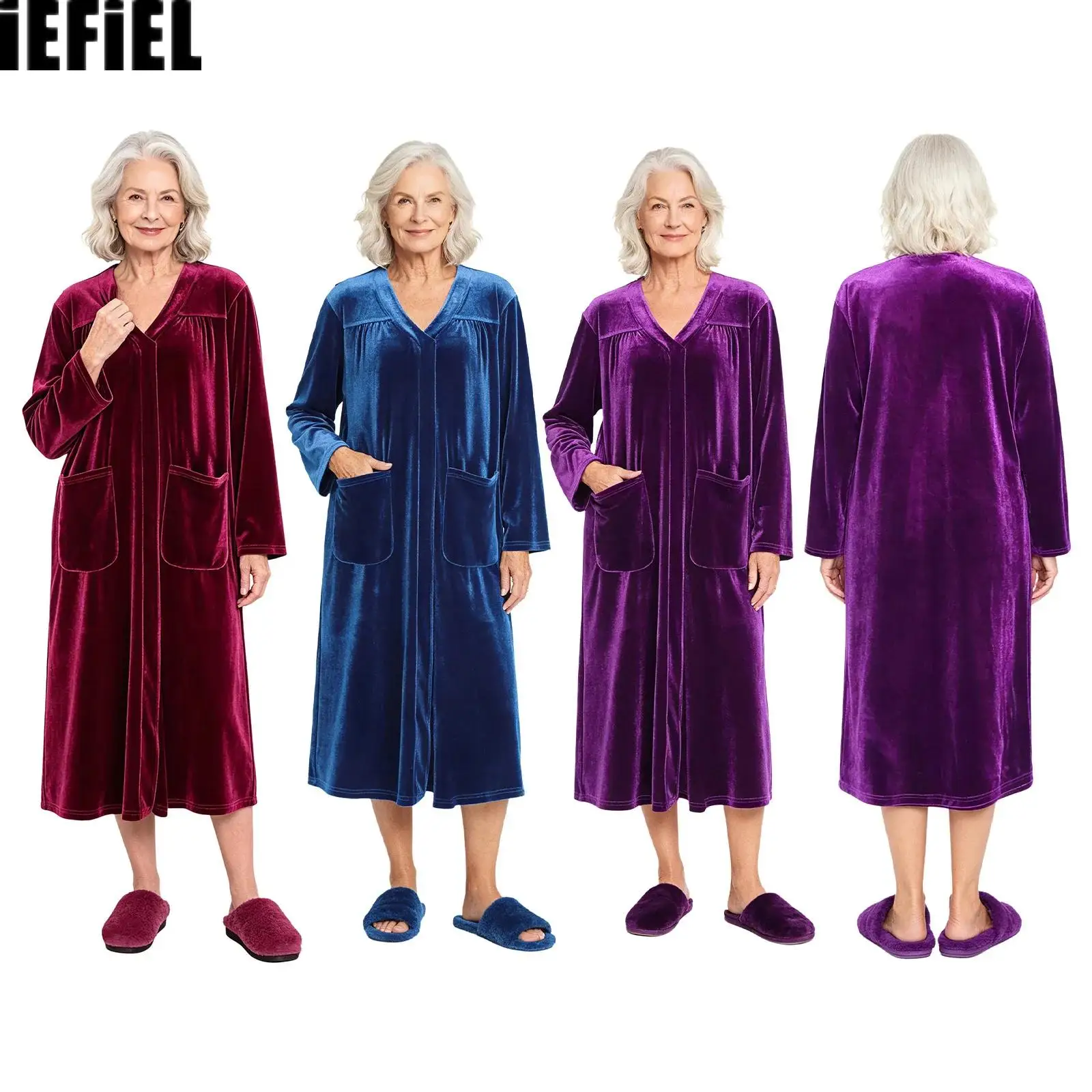 Women Warm Velvet Nightdress V-neck Long Sleeve Press Button Shoulder Open Back Nightdress with Pockets for Elderly Nursing