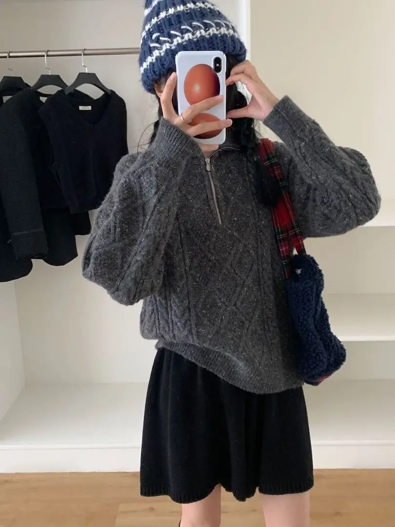 Luźny sweter z dzianiny z zamkiem błyskawicznym, wzór kwiatowy, oryginalny projekt, nowość na jesień, wygodny, z włókna poliestrowego, długi sweter damski...