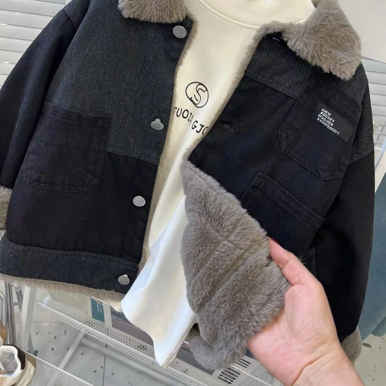 Teens Winter Children Boy Denim Coat Patchwork Plus Velvet Thicken Warm Kid Big Boy Jacket Loose Single Breasted Baby Outerwear