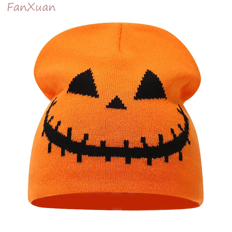 Halloween Pumpkin Knit Beanie cute black orange red funny parrten Festive Jacquard Hat cute view 5