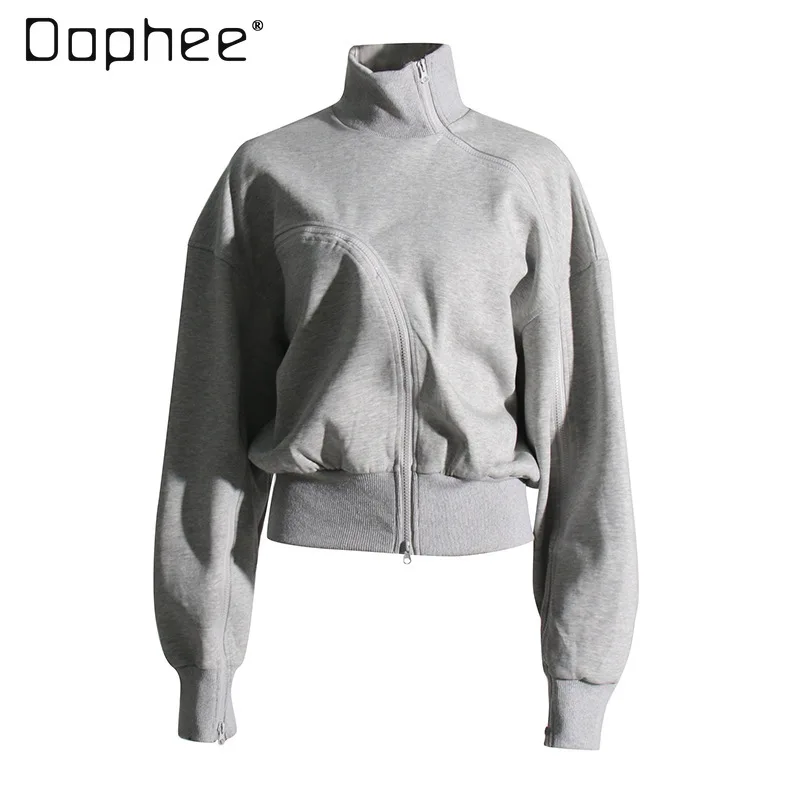 

Solid Sweatshirts Women Zipper Stand Collar Long Sleeve Slim Pullover Hoodie Simple All Match Casual Tops Streetwear Fashion