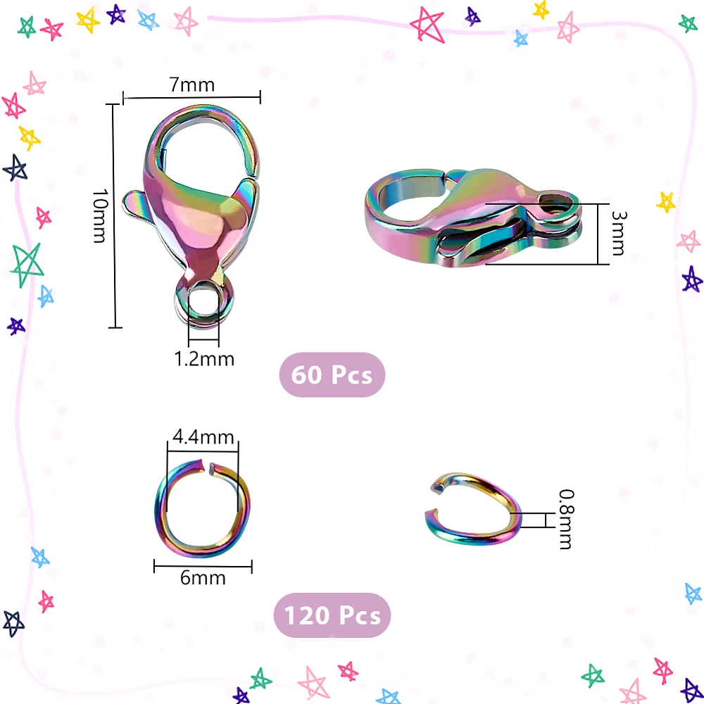 304 Stainless Steel Open Jump Rings with Clasps 60Pcs Rainbow Color Lobster Claw Clasps with 120Pcs Jump Rings for DIY Craft