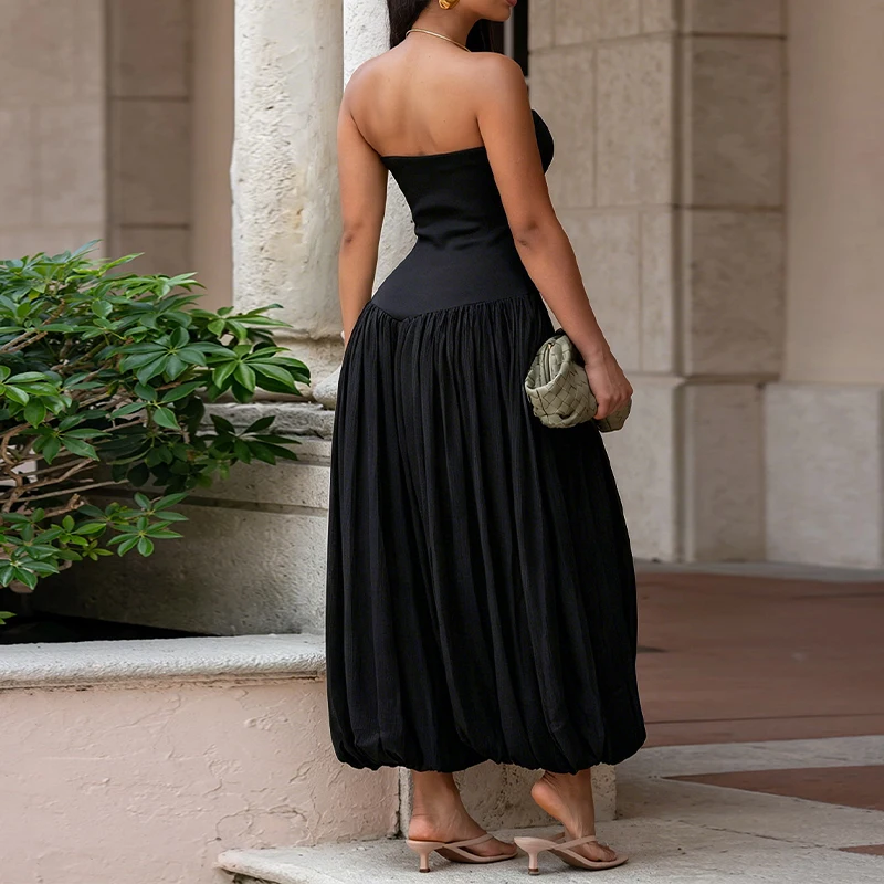 OMSJ Ladies Elegant Strapless Romper For Party Dating Outfit Fashion Sleeveless Backless High Waist Solid Color Pleated Jumpsuit