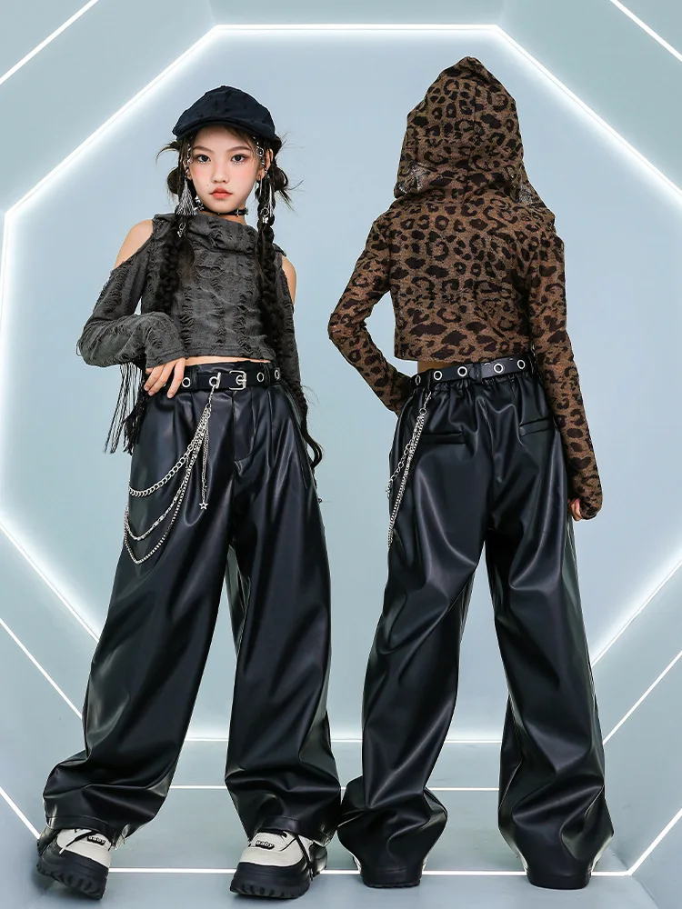 Mädchen Hip Hop Kleidung abgeschnitten zerrissen schulterfrei Leopard Kapuze Pu Leder Hose Kinder Street Dance Kostüm