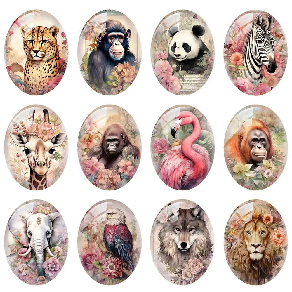 10pcs/lot Tiger Monkey Horse Flamingo Oval Photo Glass Cabochon Flatback Demo Flat Back Cameo For Diy Jewelry Making Supplies