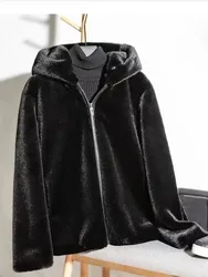 Faux Fur Coat Autumn Winter Men Black Fake Fur Mink Fur Jacket Oversize Mens Plush Fluffy Hooded Windbreaker Zip Up Top Overcoat