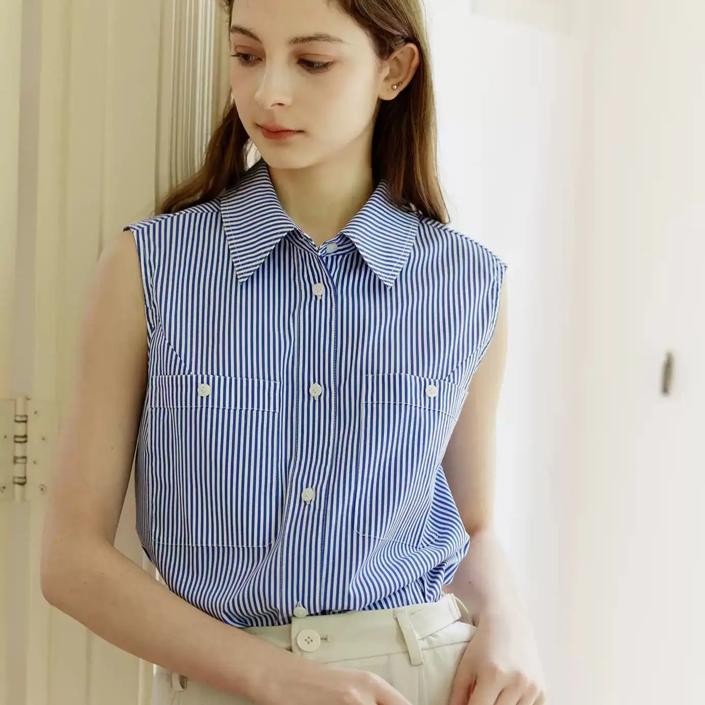 Retro Koszulka w Paski Luźna Casualowa Damska Letnia Lekka Łatwa w Pielęgnacji Oddychająca Poliestrowa Bluzka