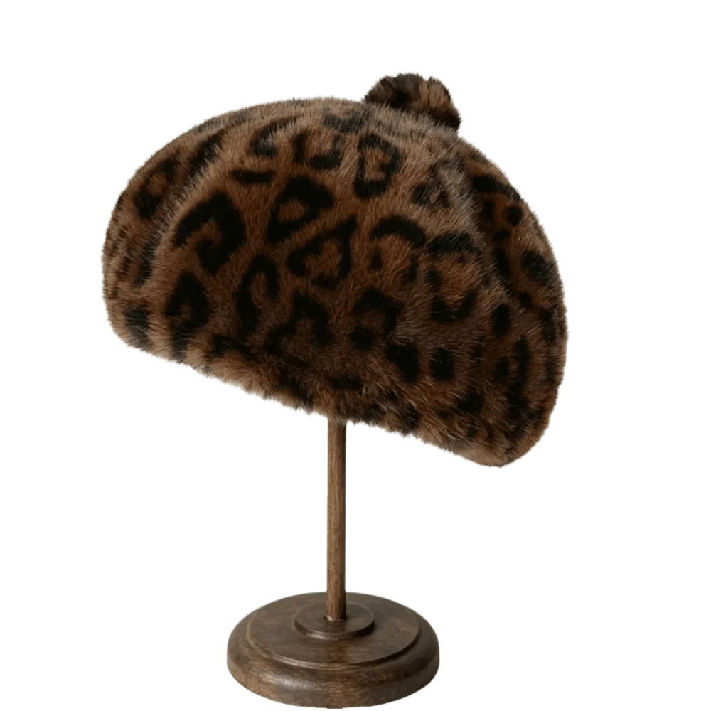 Leopard Print Faux Rabbit Fur Beret Solid Color Thicken Painter Beret Hat Flush Furry Keep Warm Octagonal Beanie Cap Women Girl