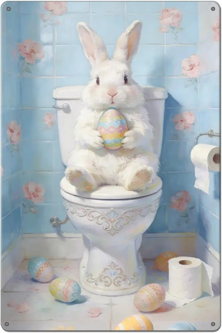 Easter Bunny Bathroom Tin Sign Rabbit on Toilet Wall Art Decor Blue Bunny Spring Metal Sign for Kids Bathroom Restroom,  --Tin S