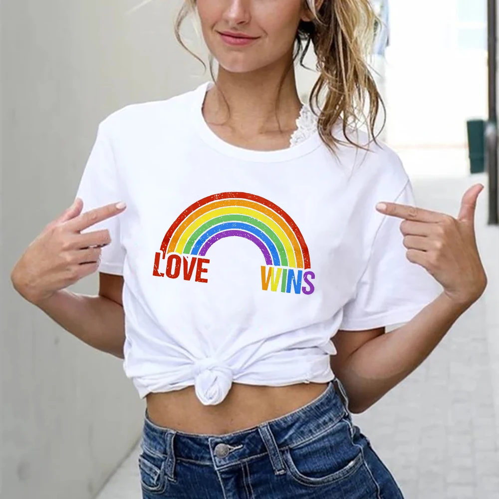 Love Wins&rainbow Pattern Print Women Shirt LGBT Pride Month Girls T-shirt Love Wins Graphic Tee Summer Women Clothing