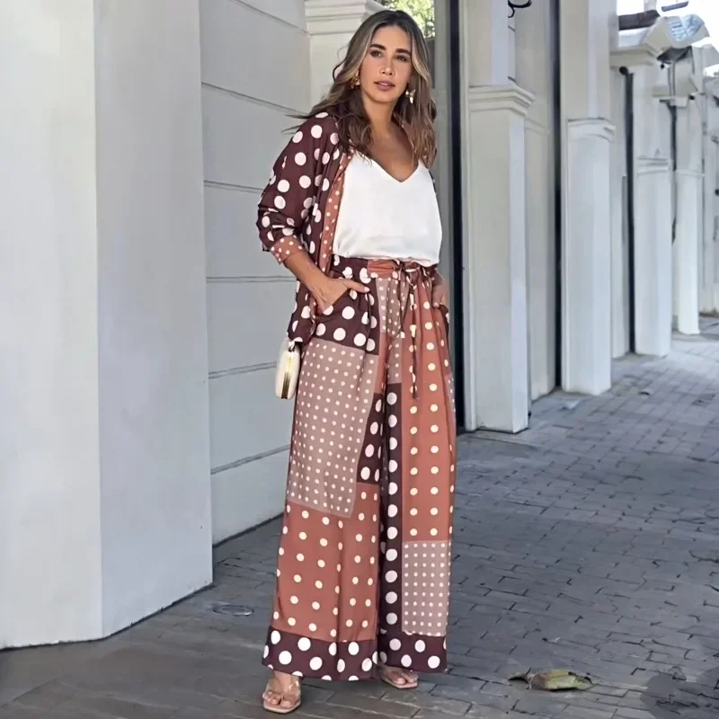 High Waist Pocket Wide Leg Pants Suit 2024 Spring Summer Dotted Prints Loose Suit Women Long Sleeve Turn-down Collar Shirt Top