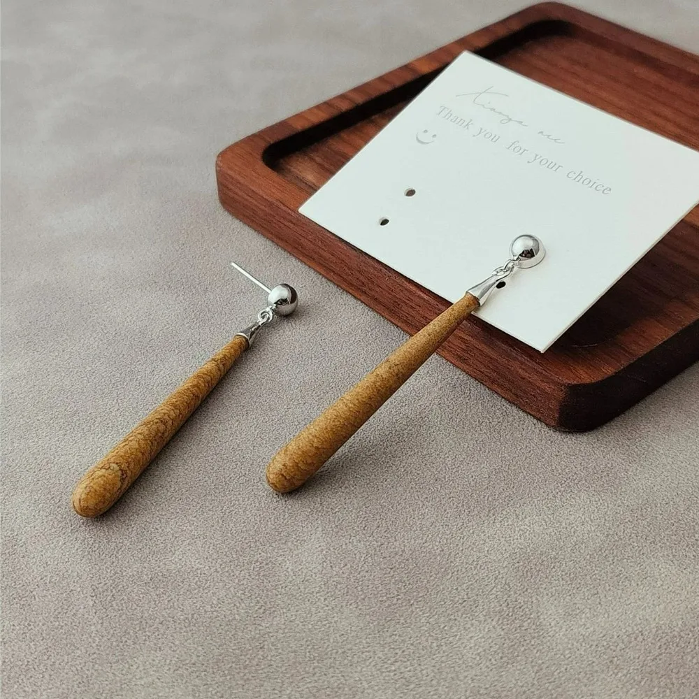 Simple Design Natural Wood Grain Stone Long Earrings for Women Light Luxury Korean High-end Classic Earrings