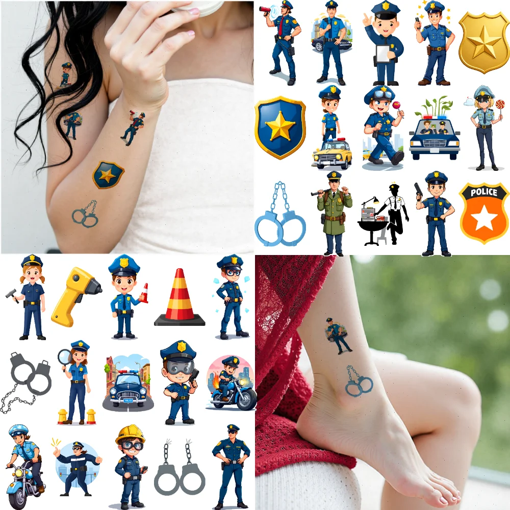 

63 шт., временная татуировка, значок, мультяшный пуленепробиваемый жилет, полицейский, водонепроницаемые, долговечные, наклейки на тело, наручники для женщин