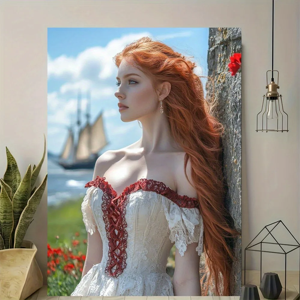 

Vintage tin sign: 1pc elegant redhead lady art print - Modern retro design, high-quality wood. Perfect for home office, living r