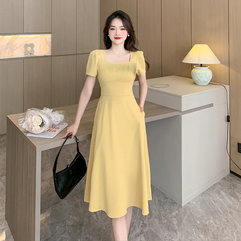 

French Style Square Collar Knitted Women'S Summer High-Grade Sense Goddess Temperament Niche Waist-Tight Slimming Midi Dress