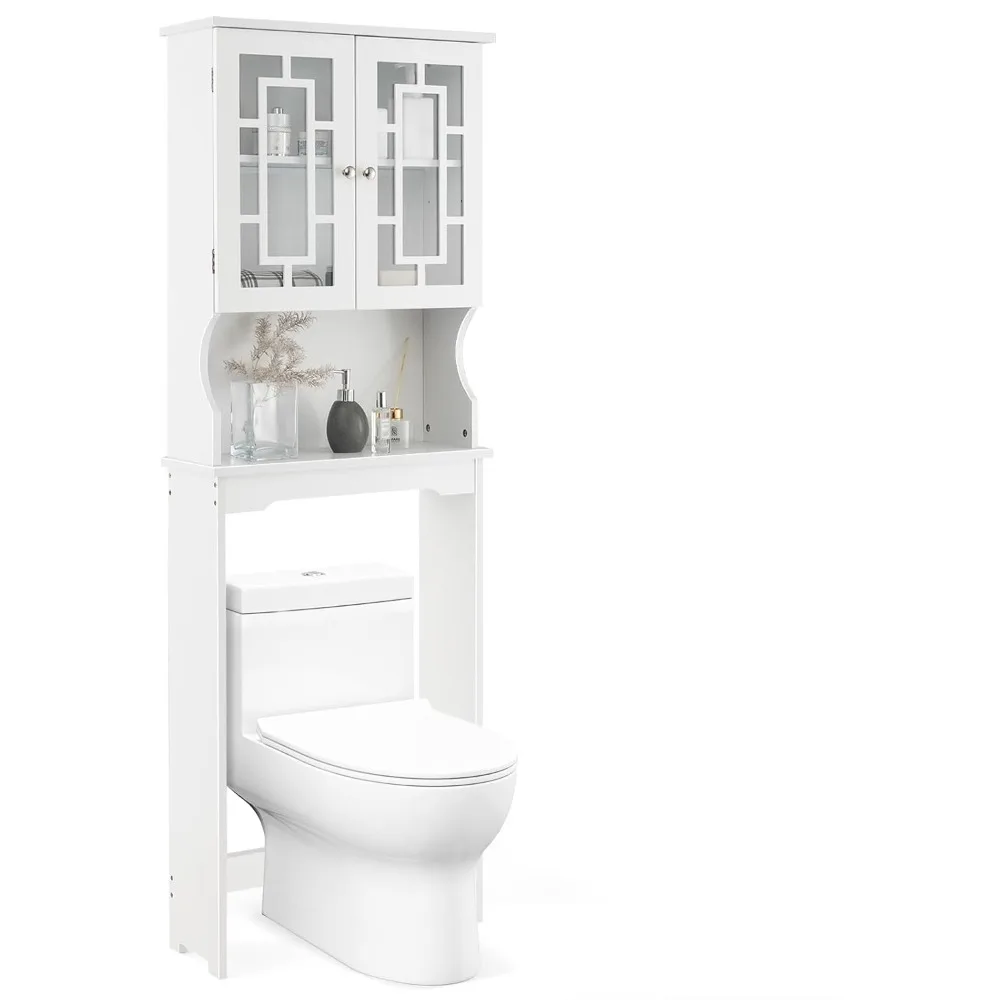 

Over-The-Toilet Storage Cabinet, 3-Tier Freestanding Bathroom Rack with Glass-Door Cabinet & 3-Position Adjustable Shelf, Space