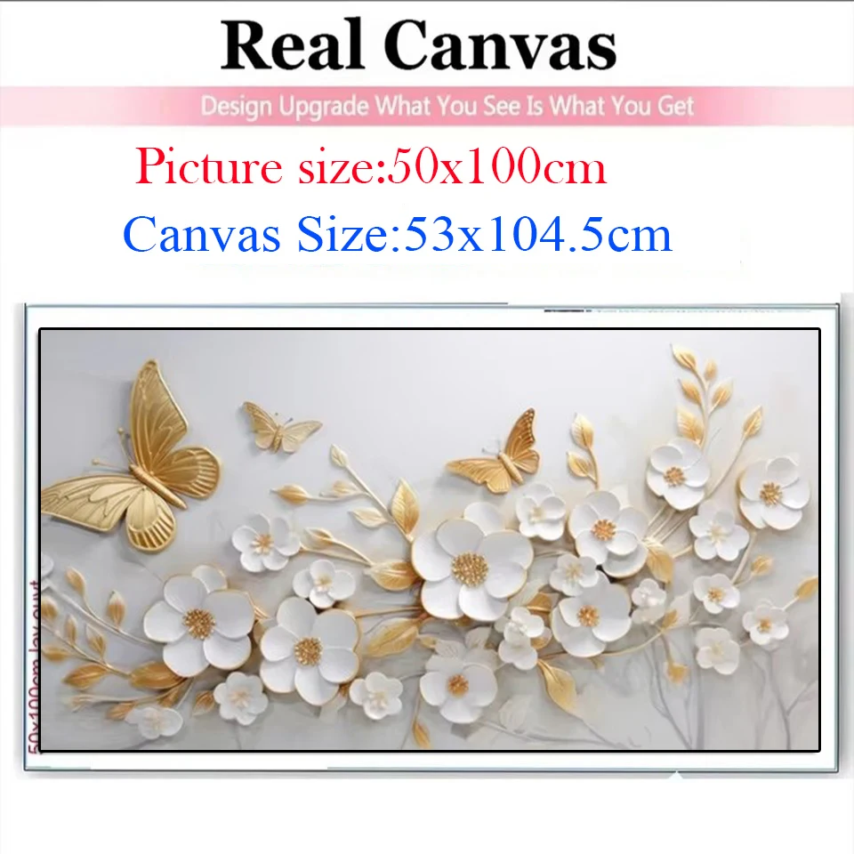 White Magnolia Flower Gold Butterfly 5D Diamond Painting Large Diy Mosaic Cross Stitch Embroidery Full Square Round Rhinestone