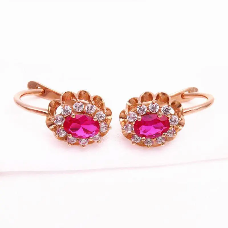 585 purple gold ruby flower earrings for women14K rose gold inlaid crystal elegant wedding high jewelry accessories gift