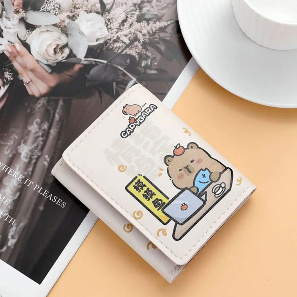 New Foldable Cartoon Capybara Purse PU Leather Lightweight Card Bag Multi-Pocket Storage Cute Wallets Women Girls