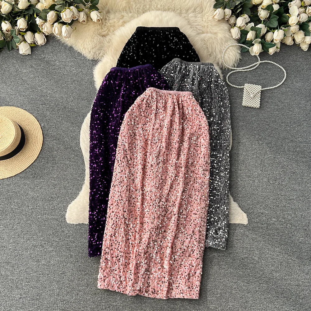 

Croysier Autumn Winter Clothes For Women Skirts 2023 Fashion Vintage Sequined Skirt High Waist Back Slit Hem Party Midi Skirt