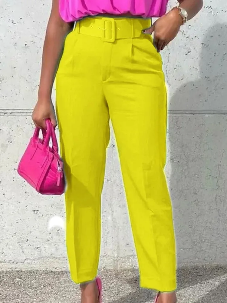 Business Pencil Pants Women Fashion 2025 Spring Summer Solid Casual High Waist Cropped Pant Office Lady Pocket Trouser With Belt