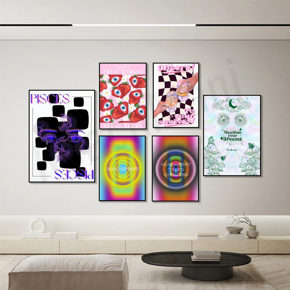 Checklist Poster, Good Vibes Print, Aura Kaleidoscope Print, Pisces, Stylish Cheers Poster, Preppy Strawberry Eyes Wall Art