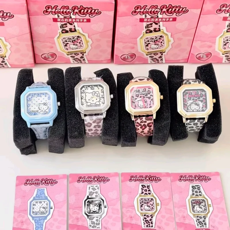 

New Original Hello Kitty Sweetheart Leopard Print Wristwatch Blind Box Cute Square Dial Ornament For Girls Birthday Holiday Gift
